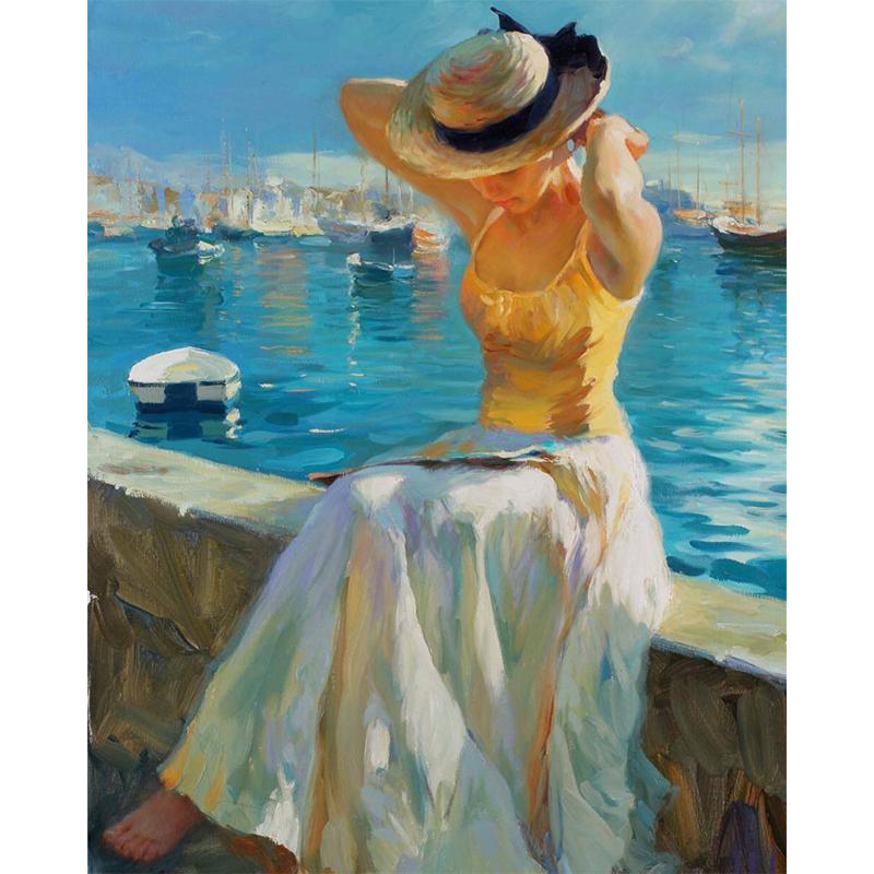 VIVA™ DIY Painting By Numbers -Girl sitting by the sea  (16"x20" / 40x50cm)