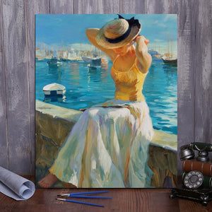 VIVA™ DIY Painting By Numbers -Girl sitting by the sea  (16"x20" / 40x50cm)