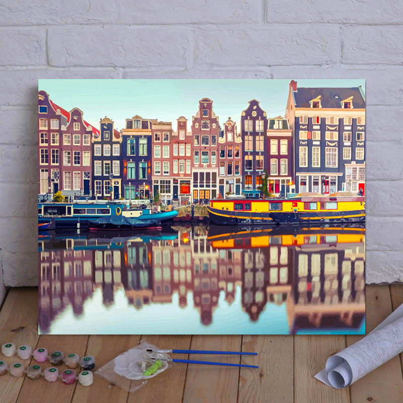 VIVA™ DIY Painting By Numbers - Vibrant Riverfront Buildings (16"x20" / 40x50cm)