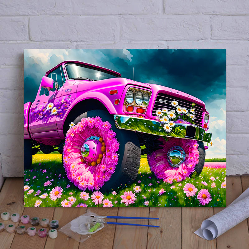 Drive into Adventure and Relaxation with VIVA™ DIY Painting By Numbers (EXCLUSIVE) - Wildflower Rampage: Pink Ford F-150 Edition (16"x20"/40x50cm)