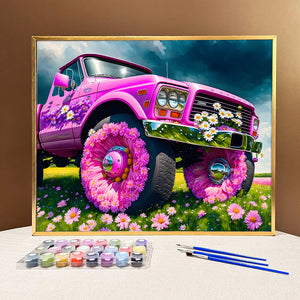 Drive into Adventure and Relaxation with VIVA™ DIY Painting By Numbers (EXCLUSIVE) - Wildflower Rampage: Pink Ford F-150 Edition (16"x20"/40x50cm)